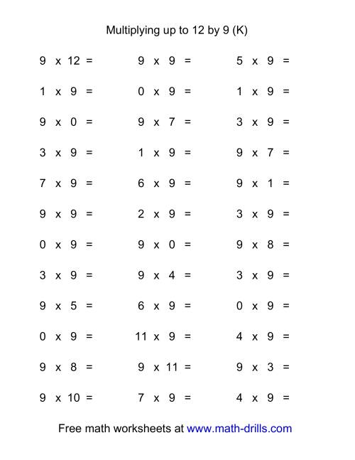The 36 Horizontal Multiplication Facts Questions -- 9 by 0-12 (K) Math Worksheet