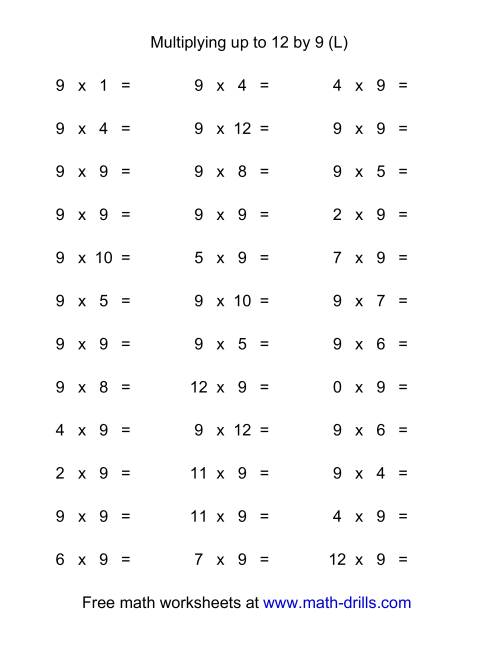 The 36 Horizontal Multiplication Facts Questions -- 9 by 0-12 (L) Math Worksheet