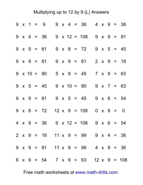 The 36 Horizontal Multiplication Facts Questions -- 9 by 0-12 (L) Math Worksheet Page 2