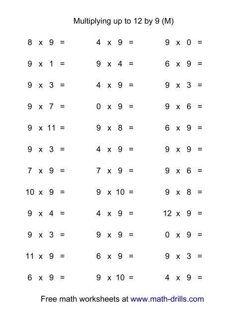 The 36 Horizontal Multiplication Facts Questions -- 9 by 0-12 (M) Math Worksheet