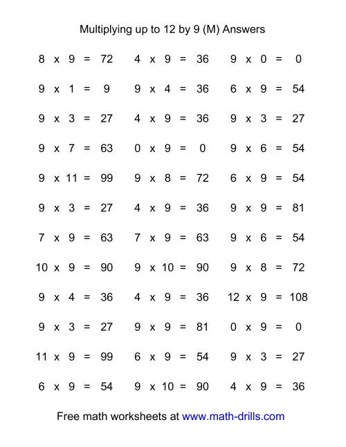 The 36 Horizontal Multiplication Facts Questions -- 9 by 0-12 (M) Math Worksheet Page 2