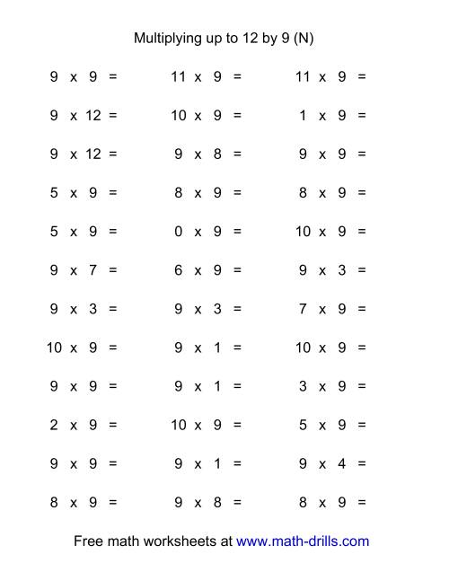 The 36 Horizontal Multiplication Facts Questions -- 9 by 0-12 (N) Math Worksheet