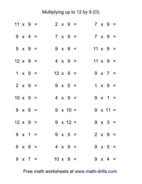 The 36 Horizontal Multiplication Facts Questions -- 9 by 0-12 (O) Math Worksheet