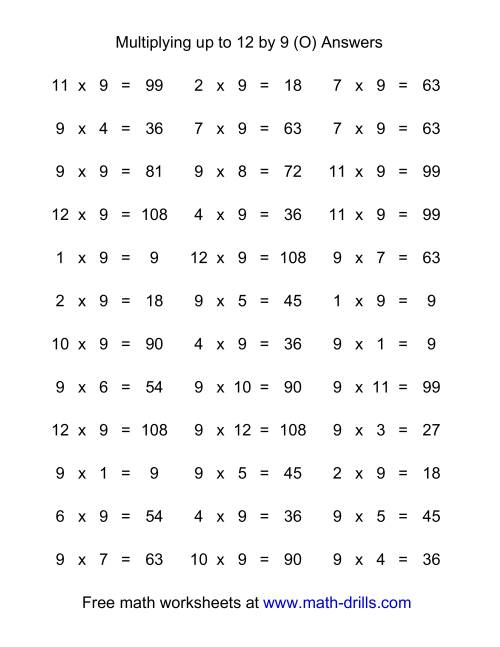 The 36 Horizontal Multiplication Facts Questions -- 9 by 0-12 (O) Math Worksheet Page 2