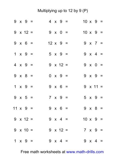 The 36 Horizontal Multiplication Facts Questions -- 9 by 0-12 (P) Math Worksheet
