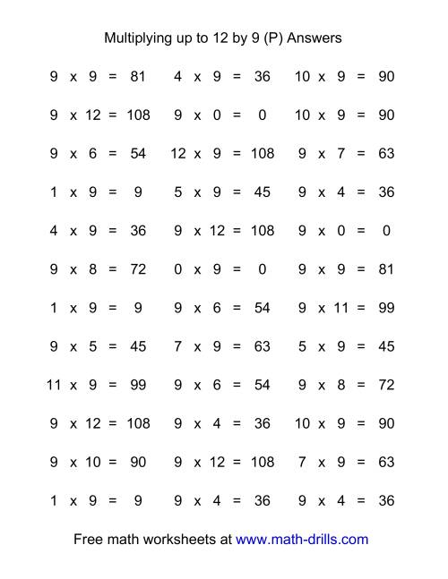 The 36 Horizontal Multiplication Facts Questions -- 9 by 0-12 (P) Math Worksheet Page 2
