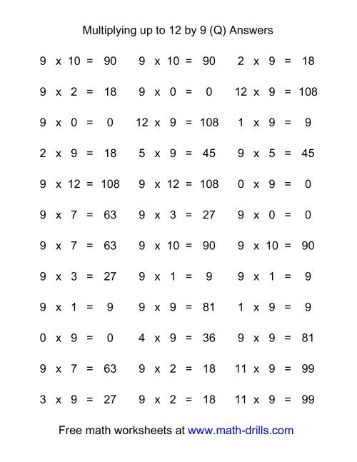 The 36 Horizontal Multiplication Facts Questions -- 9 by 0-12 (Q) Math Worksheet Page 2