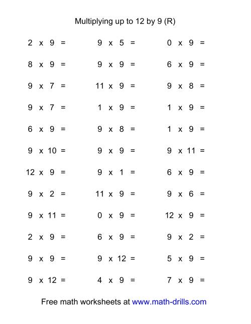 The 36 Horizontal Multiplication Facts Questions -- 9 by 0-12 (R) Math Worksheet