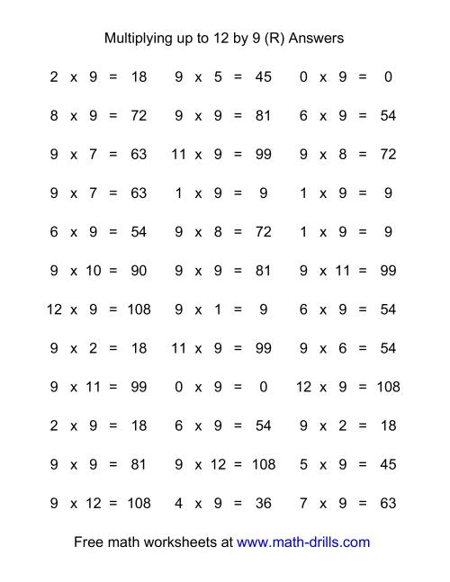 The 36 Horizontal Multiplication Facts Questions -- 9 by 0-12 (R) Math Worksheet Page 2