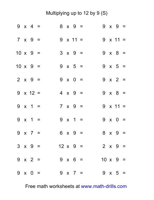 The 36 Horizontal Multiplication Facts Questions -- 9 by 0-12 (S) Math Worksheet