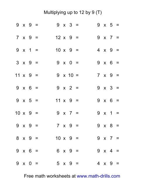 The 36 Horizontal Multiplication Facts Questions -- 9 by 0-12 (T) Math Worksheet
