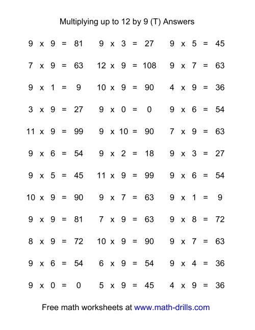 The 36 Horizontal Multiplication Facts Questions -- 9 by 0-12 (T) Math Worksheet Page 2