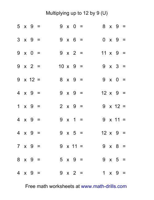 The 36 Horizontal Multiplication Facts Questions -- 9 by 0-12 (U) Math Worksheet