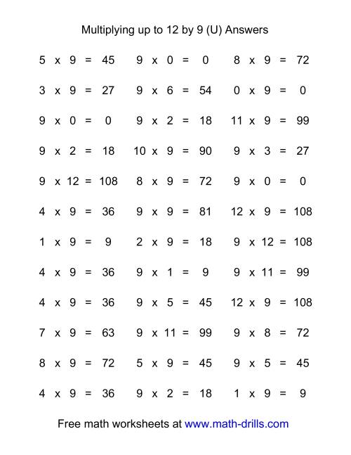 The 36 Horizontal Multiplication Facts Questions -- 9 by 0-12 (U) Math Worksheet Page 2