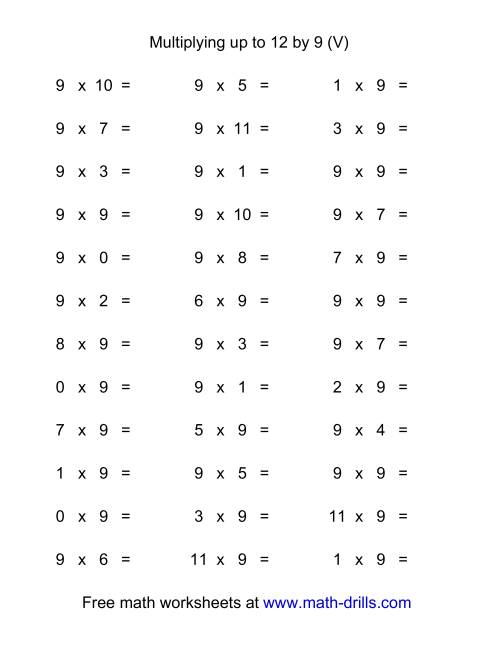 The 36 Horizontal Multiplication Facts Questions -- 9 by 0-12 (V) Math Worksheet