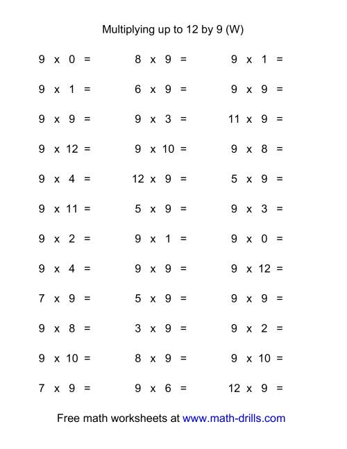 The 36 Horizontal Multiplication Facts Questions -- 9 by 0-12 (W) Math Worksheet