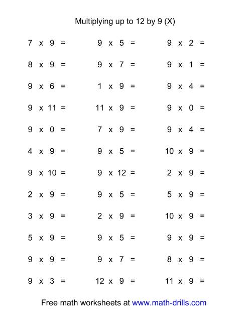 The 36 Horizontal Multiplication Facts Questions -- 9 by 0-12 (X) Math Worksheet