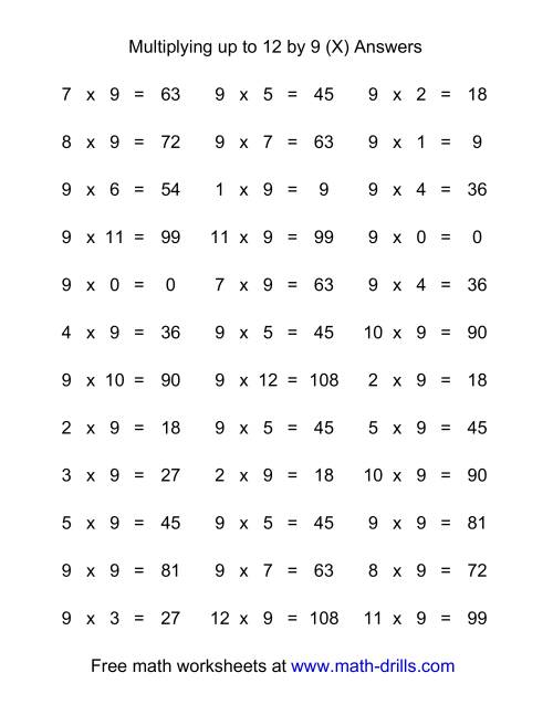 The 36 Horizontal Multiplication Facts Questions -- 9 by 0-12 (X) Math Worksheet Page 2