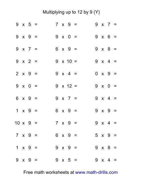 The 36 Horizontal Multiplication Facts Questions -- 9 by 0-12 (Y) Math Worksheet