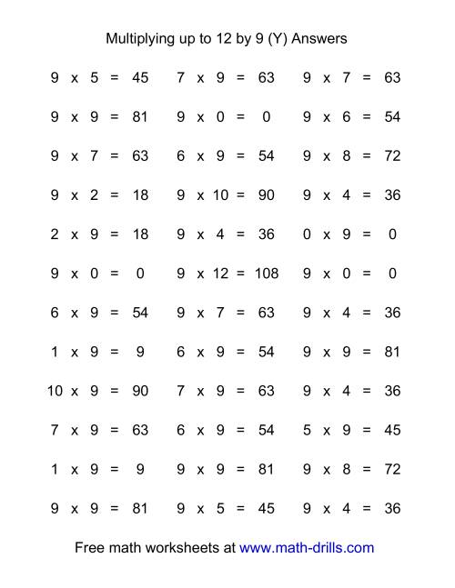 The 36 Horizontal Multiplication Facts Questions -- 9 by 0-12 (Y) Math Worksheet Page 2