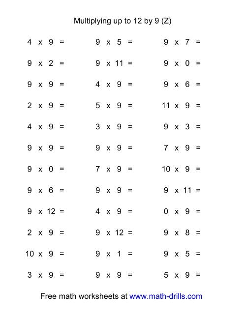 The 36 Horizontal Multiplication Facts Questions -- 9 by 0-12 (Z) Math Worksheet