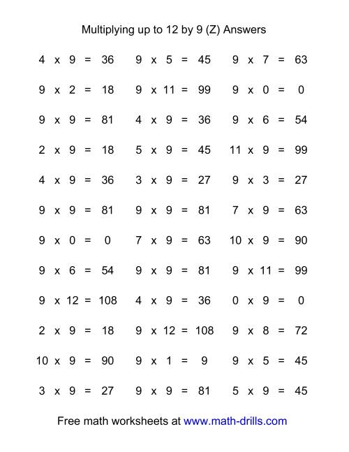 The 36 Horizontal Multiplication Facts Questions -- 9 by 0-12 (Z) Math Worksheet Page 2