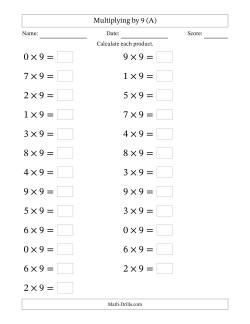 Horizontally Arranged Multiplying (0 to 9) by 9 (25 Questions; Large Print)