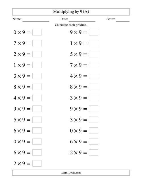 The Horizontally Arranged Multiplying (0 to 9) by 9 (25 Questions; Large Print) (A) Math Worksheet