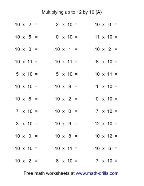 The 36 Horizontal Multiplication Facts Questions -- 10 by 0-12 (A) Math Worksheet
