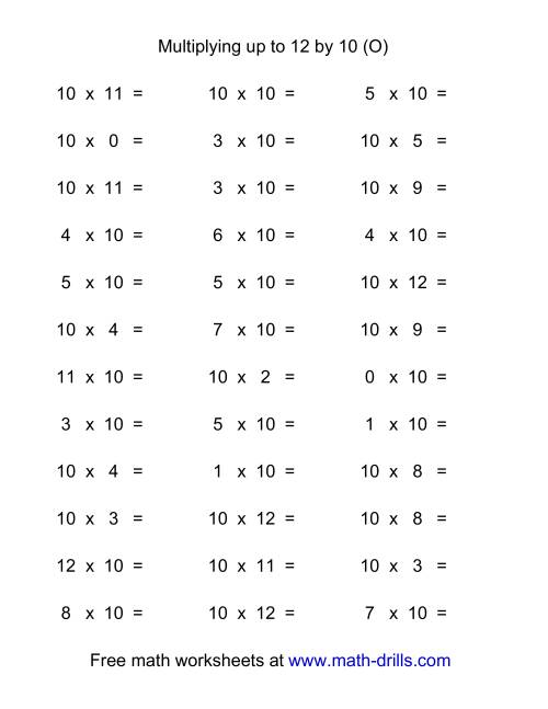 The 36 Horizontal Multiplication Facts Questions -- 10 by 0-12 (O) Math Worksheet