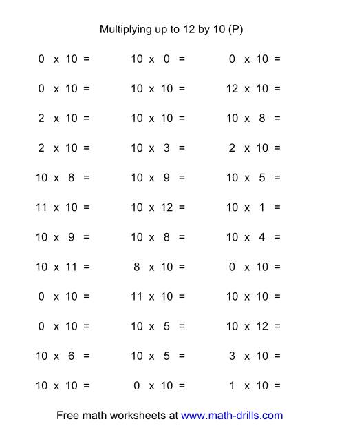The 36 Horizontal Multiplication Facts Questions -- 10 by 0-12 (P) Math Worksheet