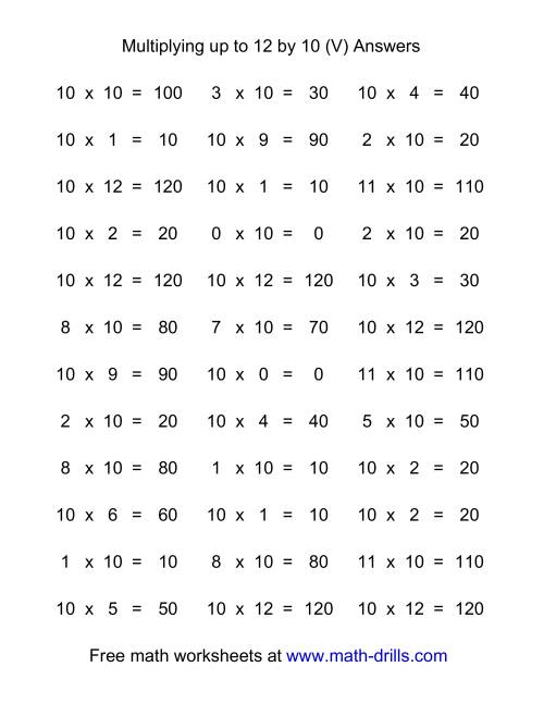 36 horizontal multiplication facts questions 10 by 0 12 v