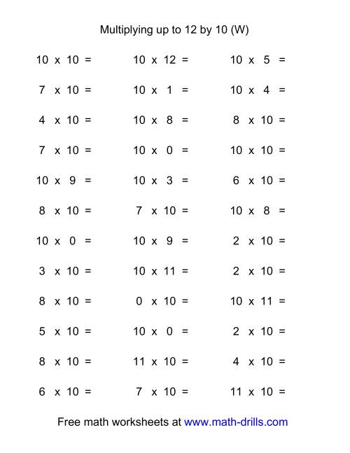 The 36 Horizontal Multiplication Facts Questions -- 10 by 0-12 (W) Math Worksheet
