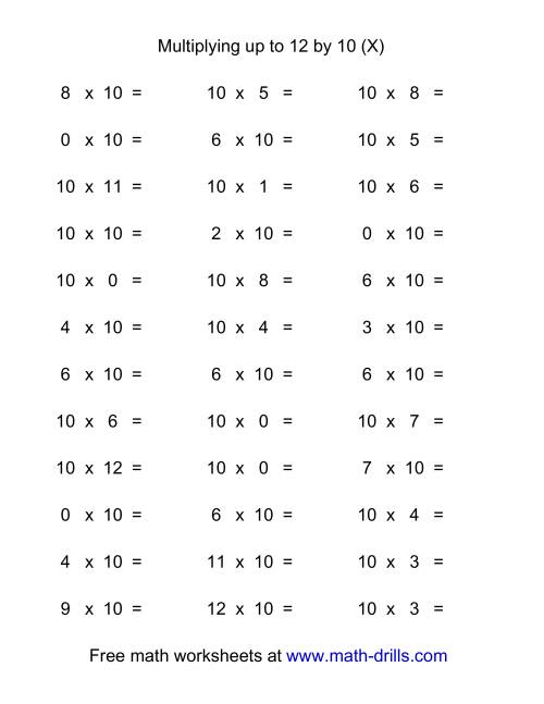The 36 Horizontal Multiplication Facts Questions -- 10 by 0-12 (X) Math Worksheet