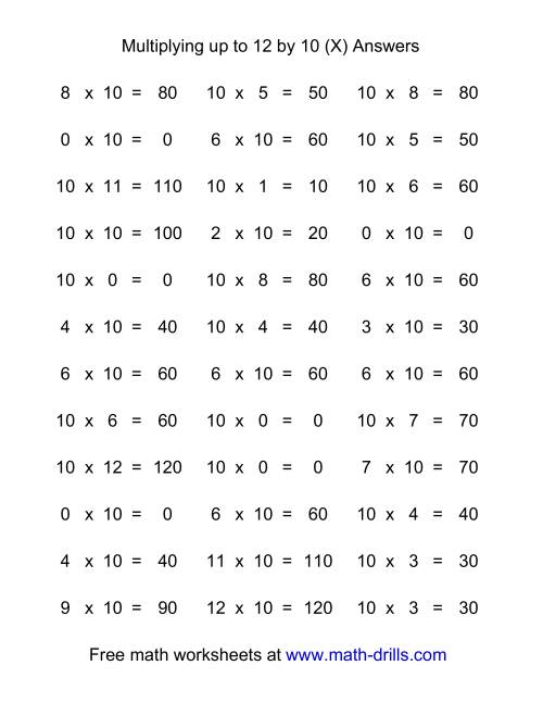 The 36 Horizontal Multiplication Facts Questions -- 10 by 0-12 (X) Math Worksheet Page 2