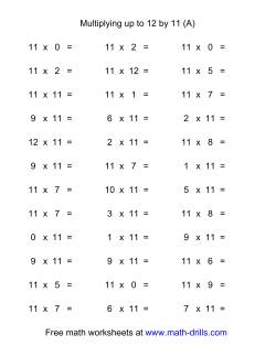 36 Horizontal Multiplication Facts Questions -- 11 by 0-12
