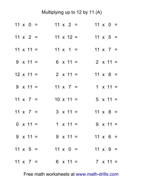 The 36 Horizontal Multiplication Facts Questions -- 11 by 0-12 (A) Math Worksheet