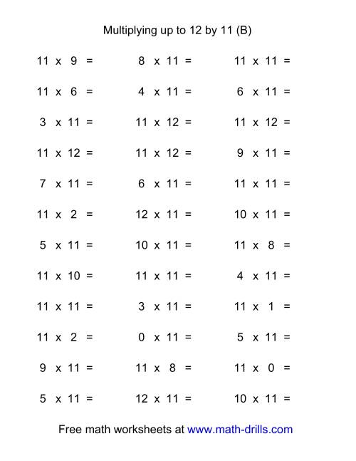 The 36 Horizontal Multiplication Facts Questions -- 11 by 0-12 (B) Math Worksheet