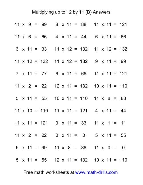 The 36 Horizontal Multiplication Facts Questions -- 11 by 0-12 (B) Math Worksheet Page 2
