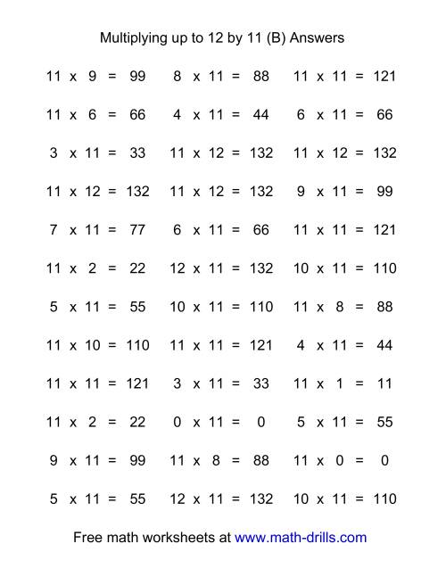 36 horizontal multiplication facts questions 11 by 0 12 b