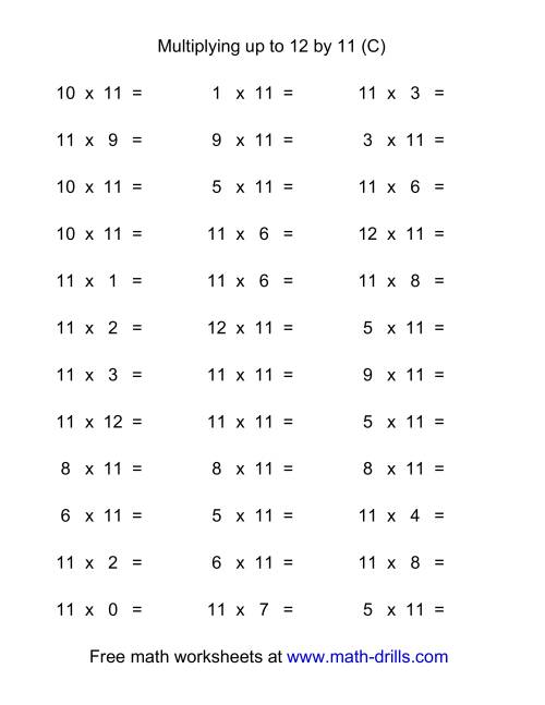 The 36 Horizontal Multiplication Facts Questions -- 11 by 0-12 (C) Math Worksheet