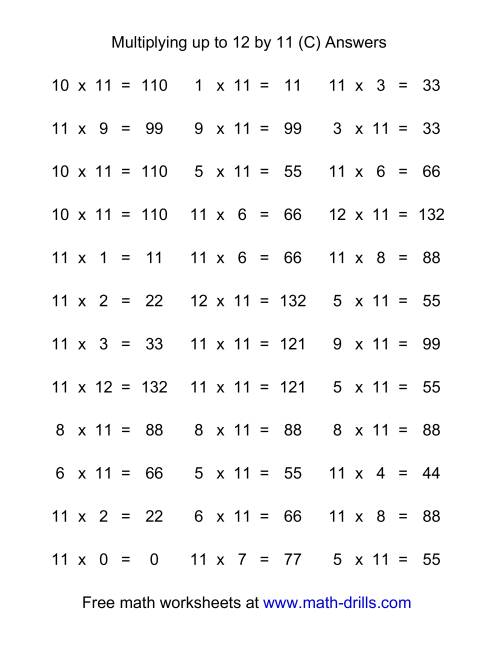 The 36 Horizontal Multiplication Facts Questions -- 11 by 0-12 (C) Math Worksheet Page 2
