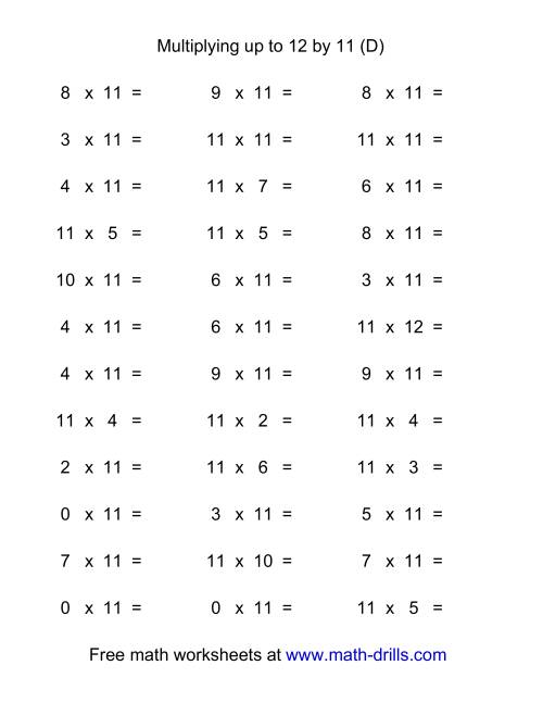 The 36 Horizontal Multiplication Facts Questions -- 11 by 0-12 (D) Math Worksheet