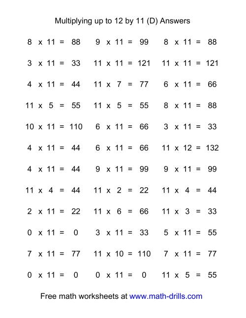 The 36 Horizontal Multiplication Facts Questions -- 11 by 0-12 (D) Math Worksheet Page 2