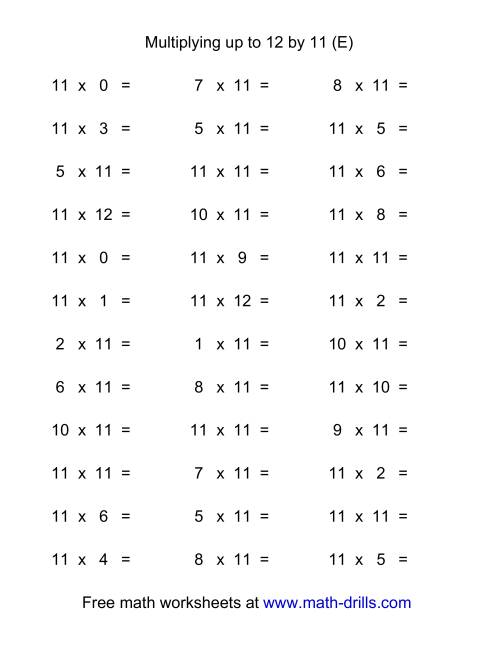 The 36 Horizontal Multiplication Facts Questions -- 11 by 0-12 (E) Math Worksheet