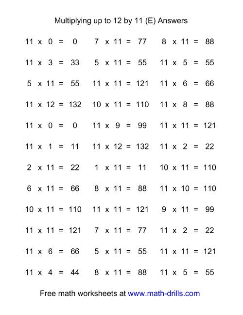 The 36 Horizontal Multiplication Facts Questions -- 11 by 0-12 (E) Math Worksheet Page 2