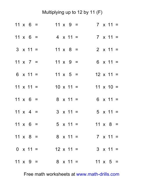 The 36 Horizontal Multiplication Facts Questions -- 11 by 0-12 (F) Math Worksheet