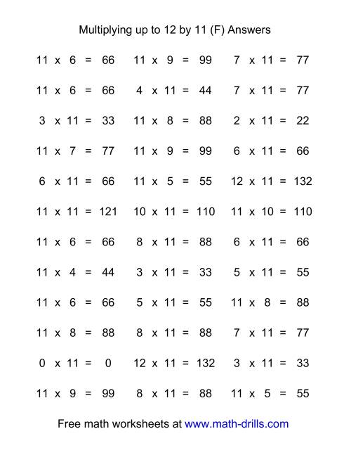 The 36 Horizontal Multiplication Facts Questions -- 11 by 0-12 (F) Math Worksheet Page 2