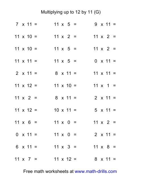 The 36 Horizontal Multiplication Facts Questions -- 11 by 0-12 (G) Math Worksheet