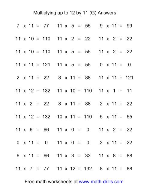 The 36 Horizontal Multiplication Facts Questions -- 11 by 0-12 (G) Math Worksheet Page 2